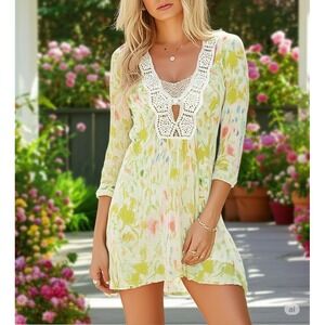 Free People Floral Crochet‎ Tunic Dress Medium  Boho Sheer Knit V-Neck Beachy